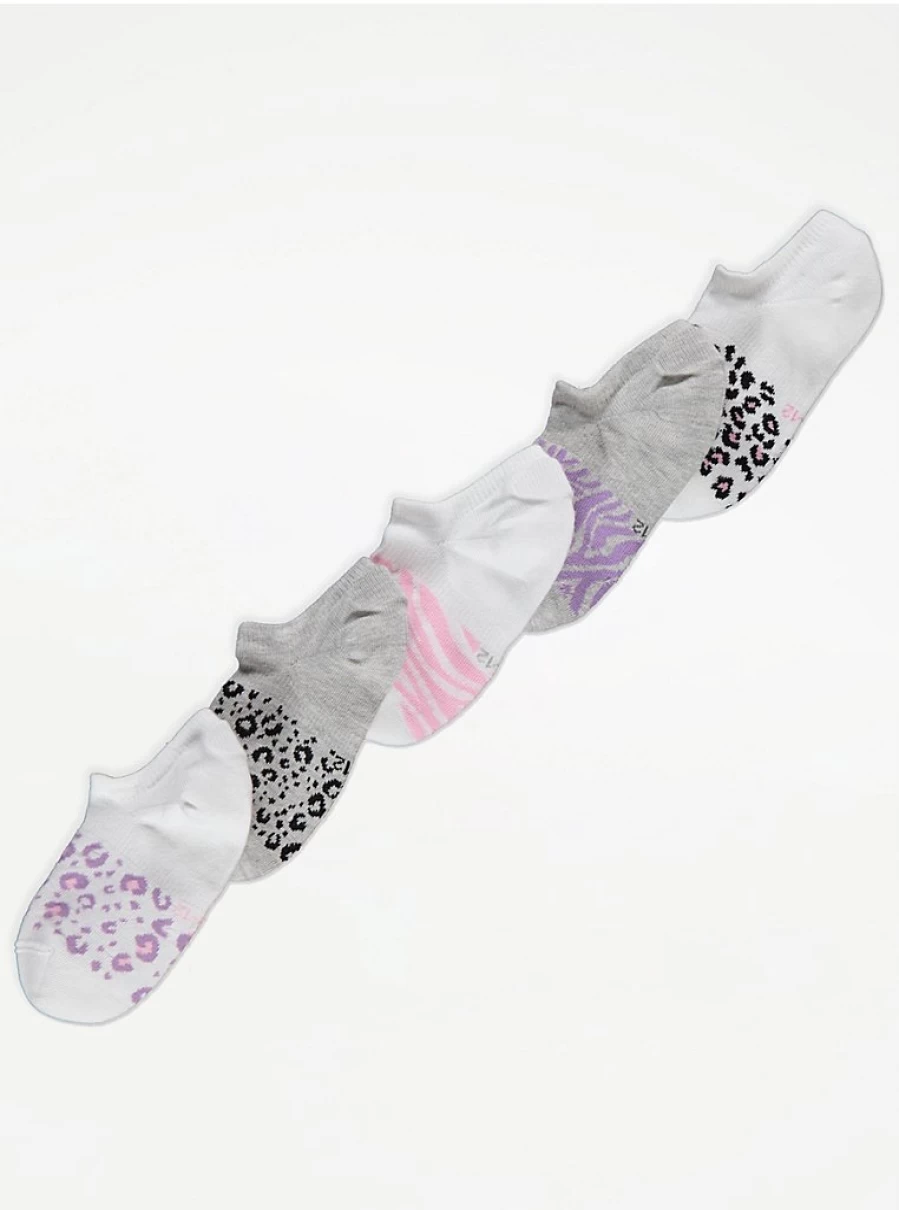 Kids' Animal Print No-Show Socks 5-Pack | Cotton Rich Comfort | George at Asda