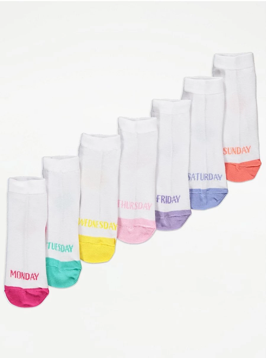 George at Asda Kids' 7-Pack White Ankle Socks with Days of The Week Design