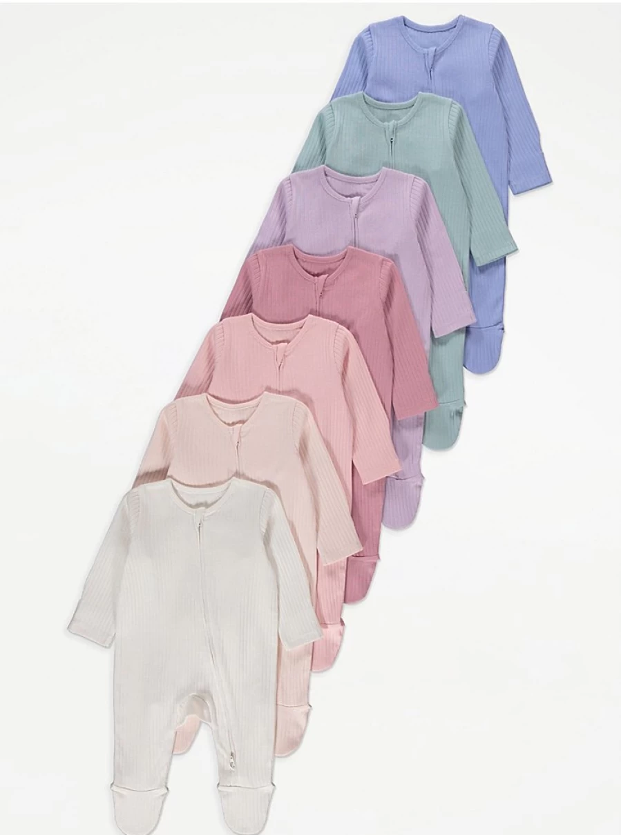 "George at Asda Baby Ribbed Sleepsuits 7-Pack with 2-Way Zip – Soft & Comfortable"