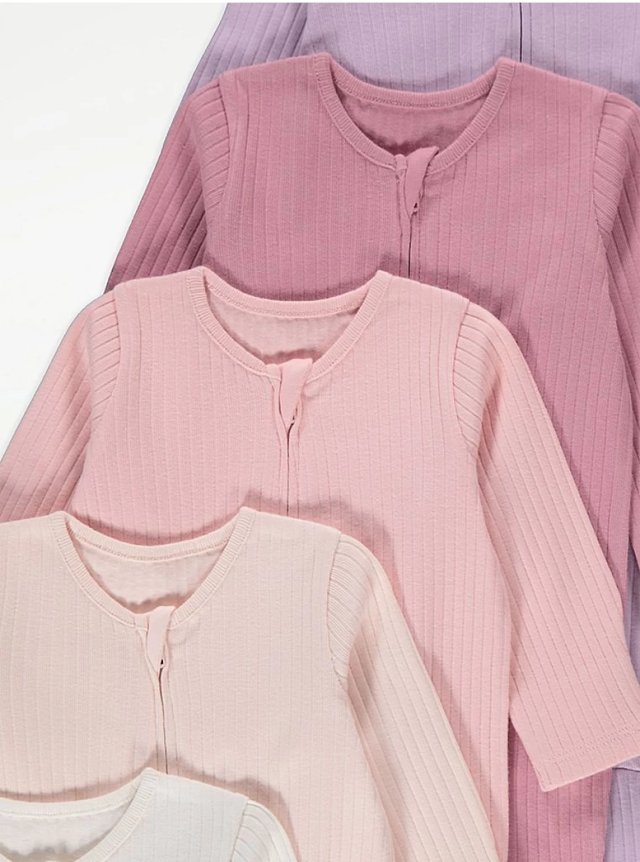 "George at Asda Baby Ribbed Sleepsuits 7-Pack with 2-Way Zip – Soft & Comfortable"