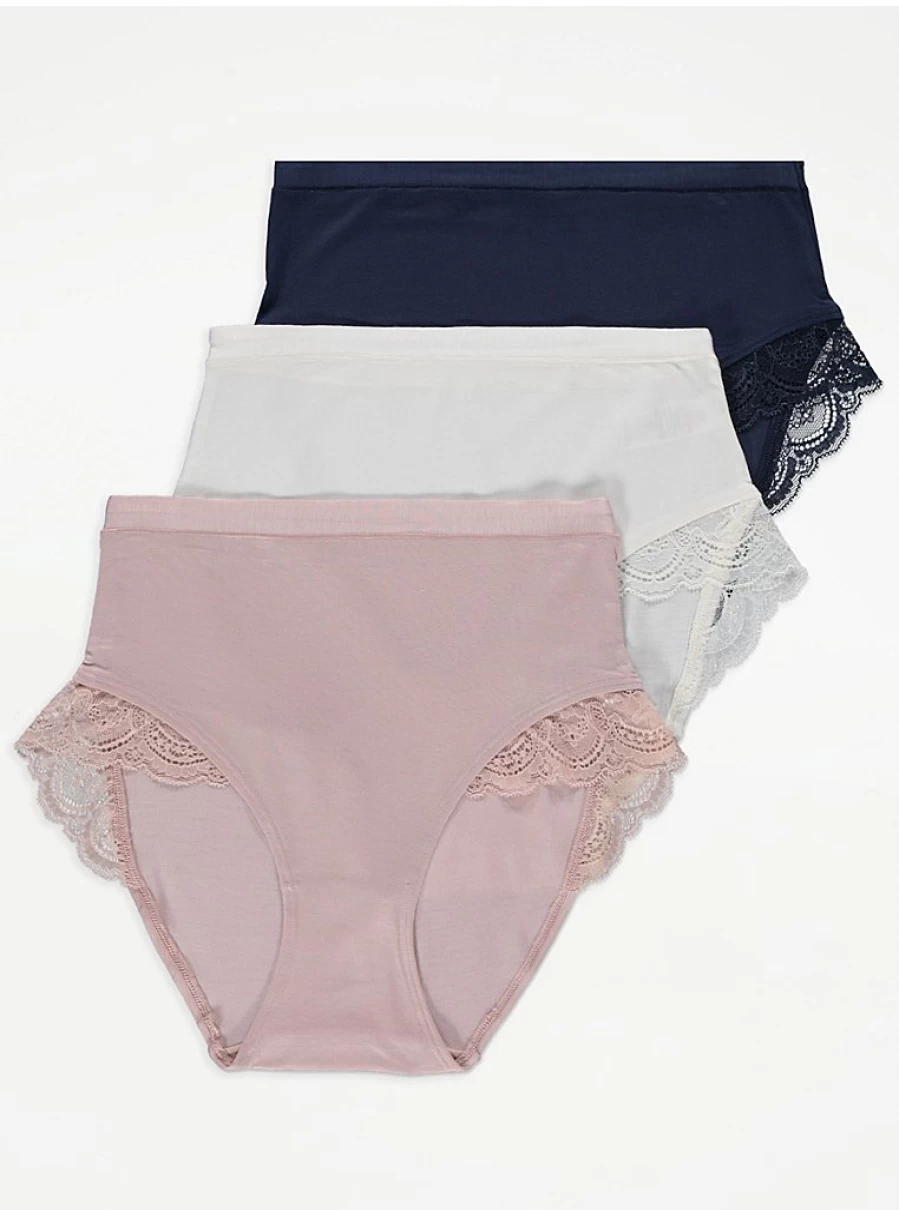"George at Asda Women's Lace Trim Comfort Full Brief Knickers 3-Pack | Soft Cotton Underwear Set"