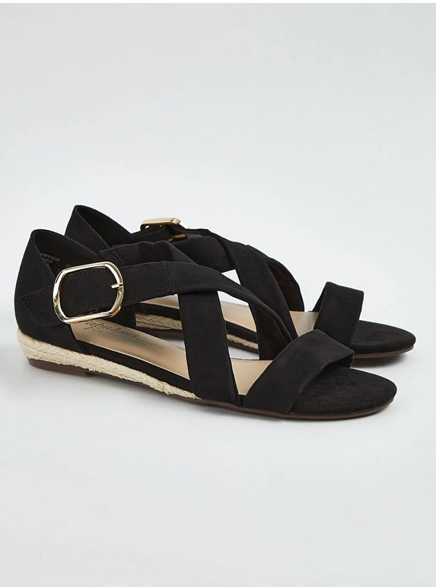 Women's Black Suedette Raffia Mini Wedge Sandals | George at Asda | Comfortable Summer Shoes