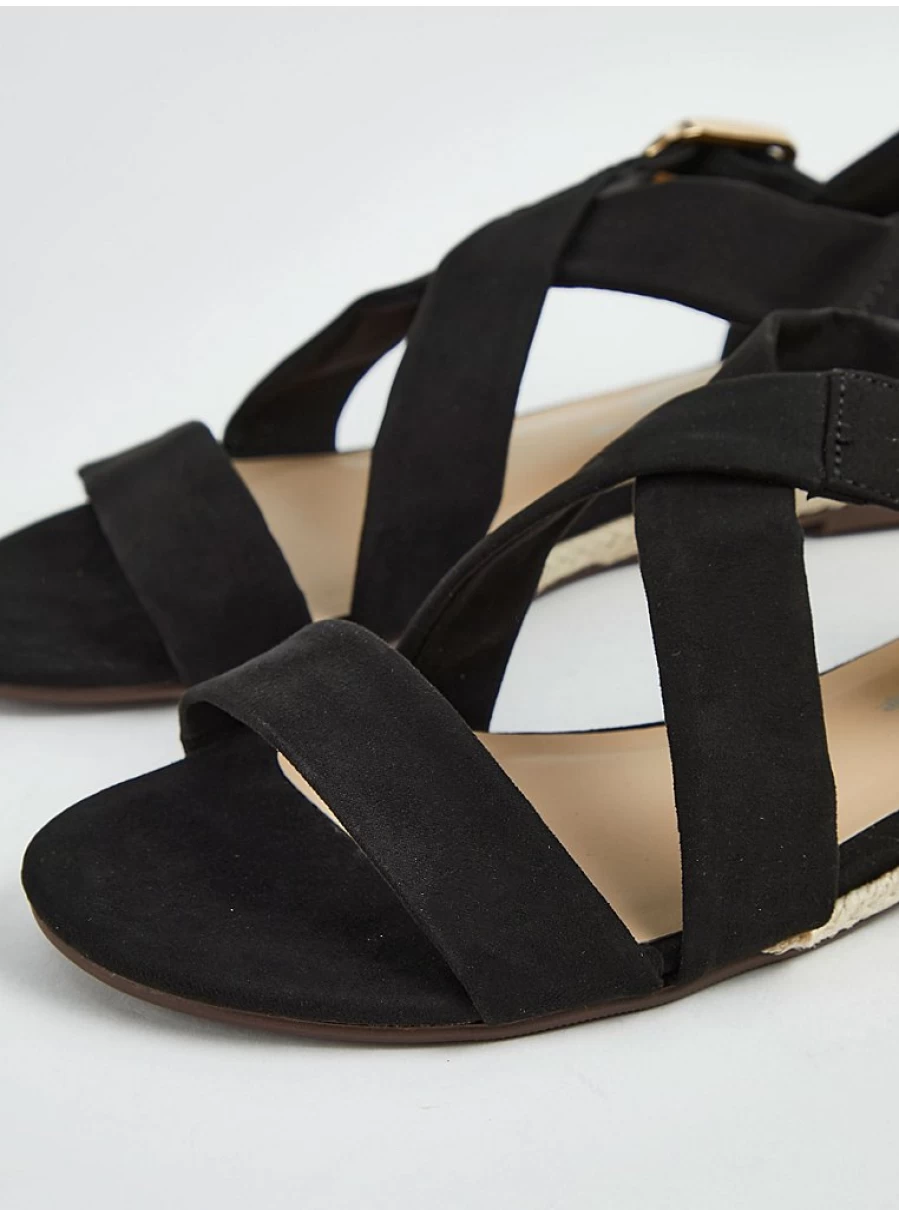 Women's Black Suedette Raffia Mini Wedge Sandals | George at Asda | Comfortable Summer Shoes