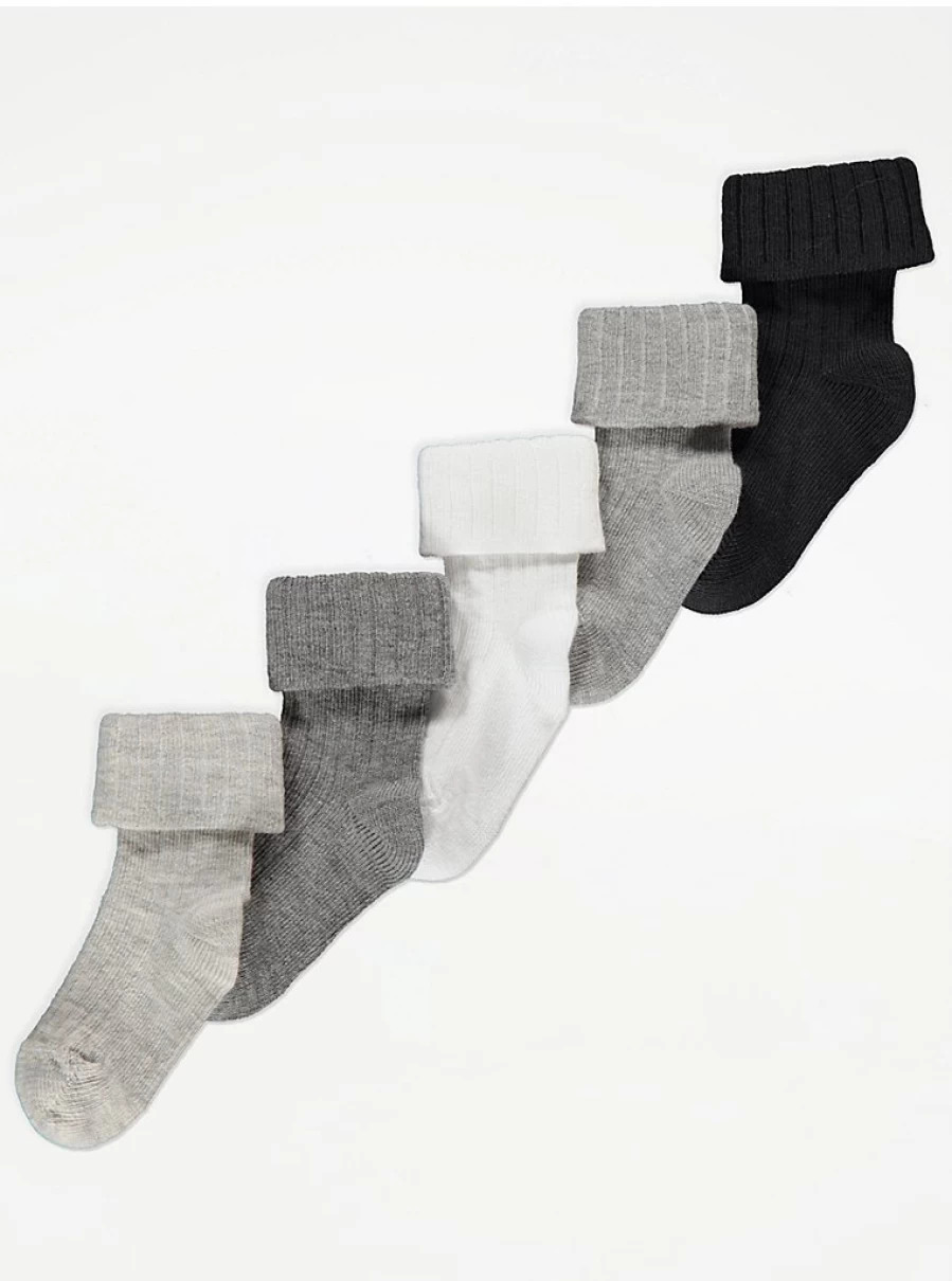 George at Asda Baby Monochrome Ribbed Folded Top Socks 5-Pack - Soft Comfort Ankle Socks for Infants & Toddlers