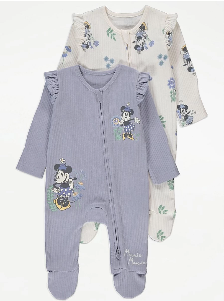 George at Asda Baby Girls' Disney Minnie Mouse 2-Pack Ribbed Sleepsuits with 2-Way Zip