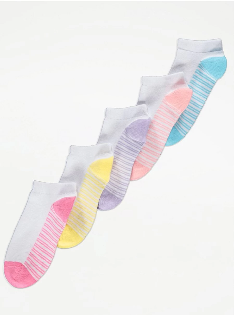 "George at Asda Kids' White Bright Striped Sole Trainer Liner Socks 5-Pack | Breathable Comfort Socks for Active Children"