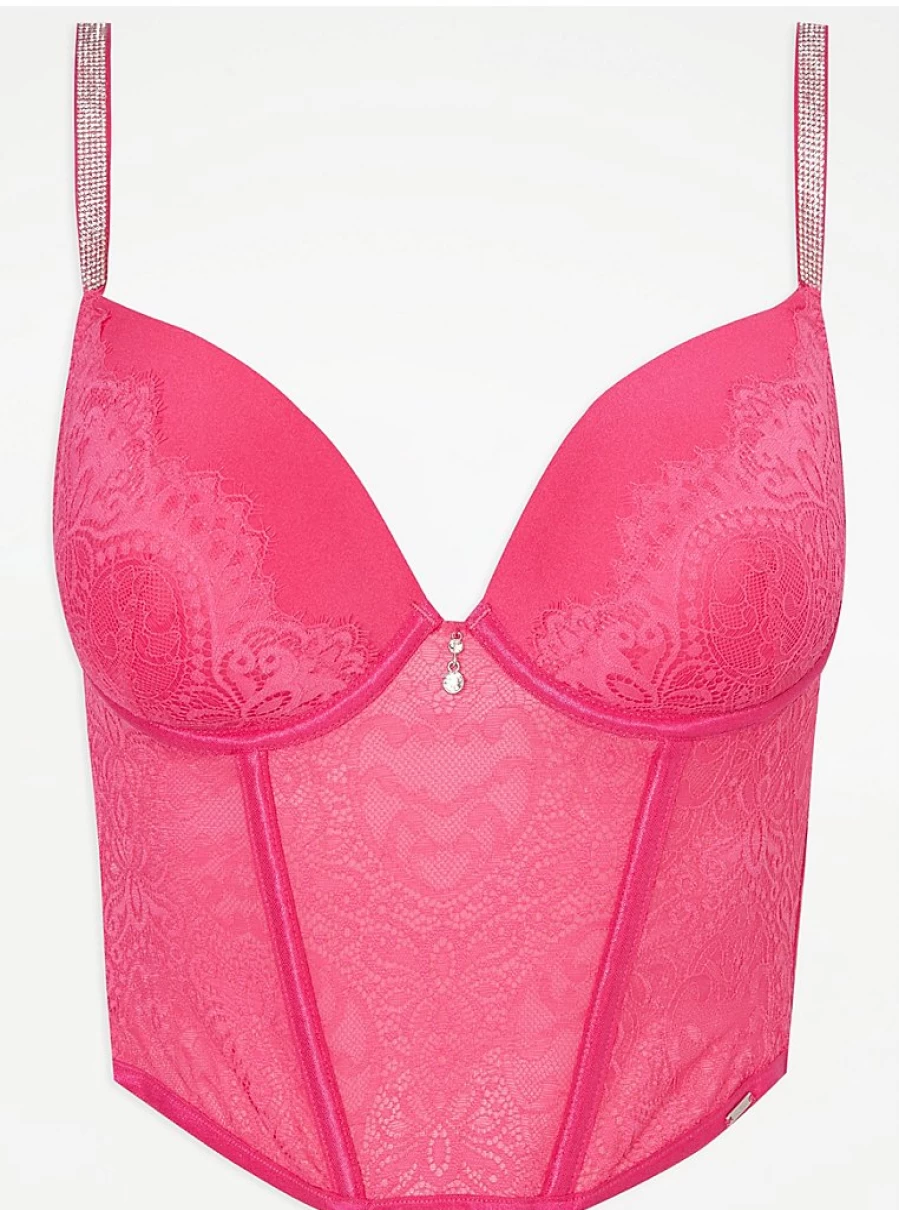 Women's Entice Pink Lace Trim Diamante Longline Bustier Bra | George at Asda Lingerie Review