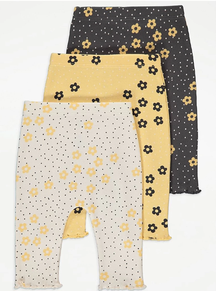 George at Asda Baby Girls' Buttercup Floral Dot Print Ribbed Leggings 3-Pack | Soft Stretch Comfort | Assorted Daisy Design