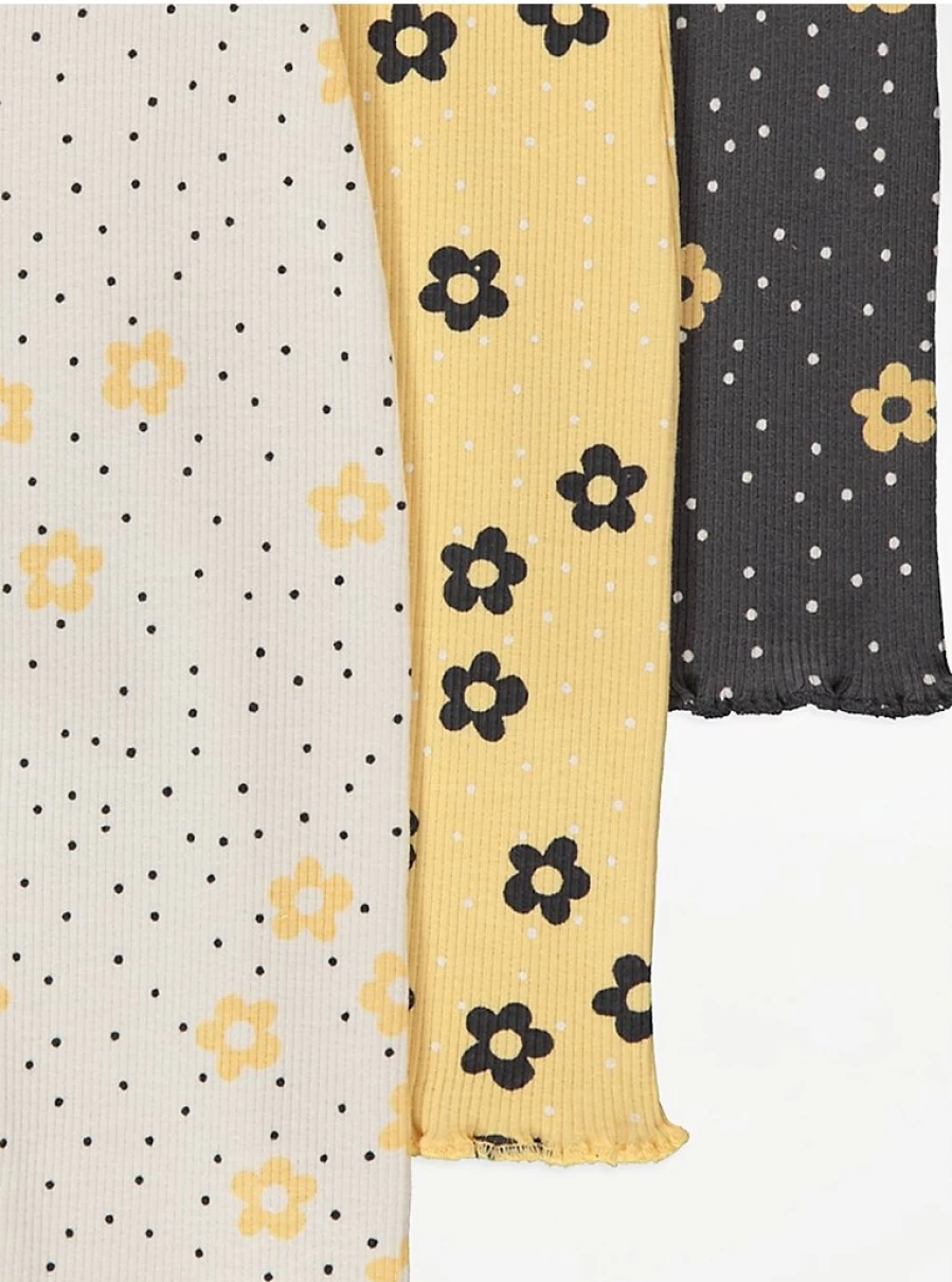 George at Asda Baby Girls' Buttercup Floral Dot Print Ribbed Leggings 3-Pack | Soft Stretch Comfort | Assorted Daisy Design