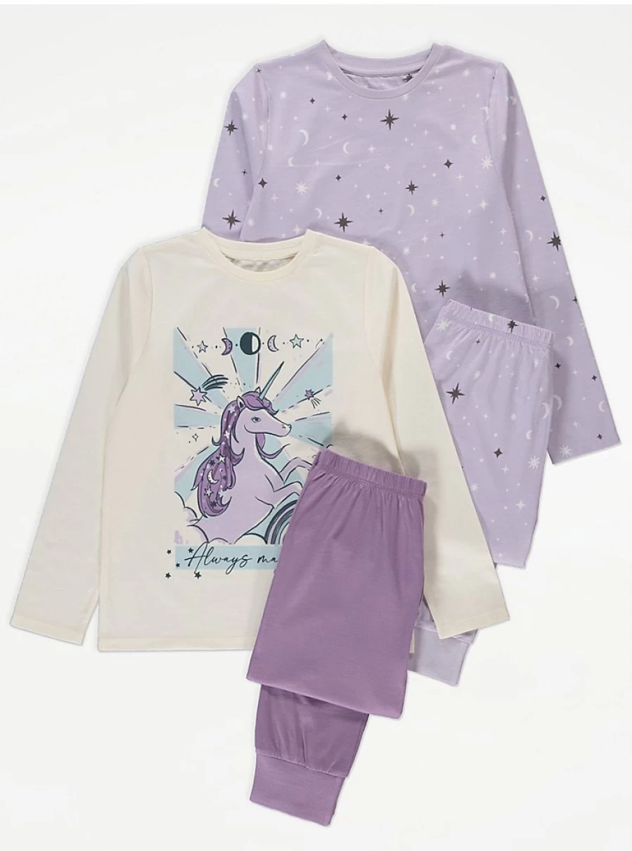 "George at Asda Kids' Unicorn Celestial 2-Pack Long Sleeve Pyjamas – Soft & Comfortable Pajama Set"