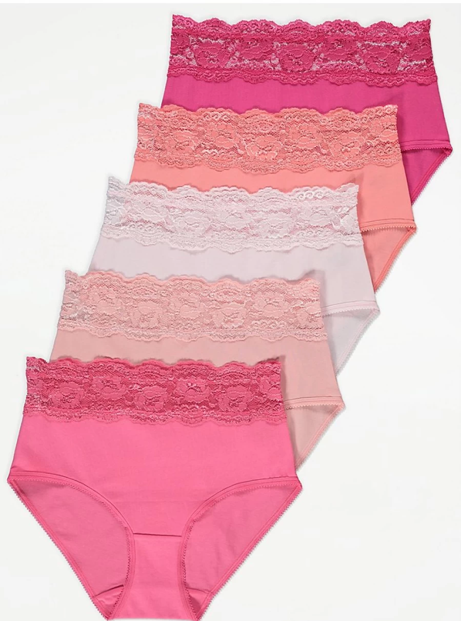 "George at Asda Women's Bright Pink Lace Top Full Briefs Panties 5-Pack | Comfortable Lingerie Set"
