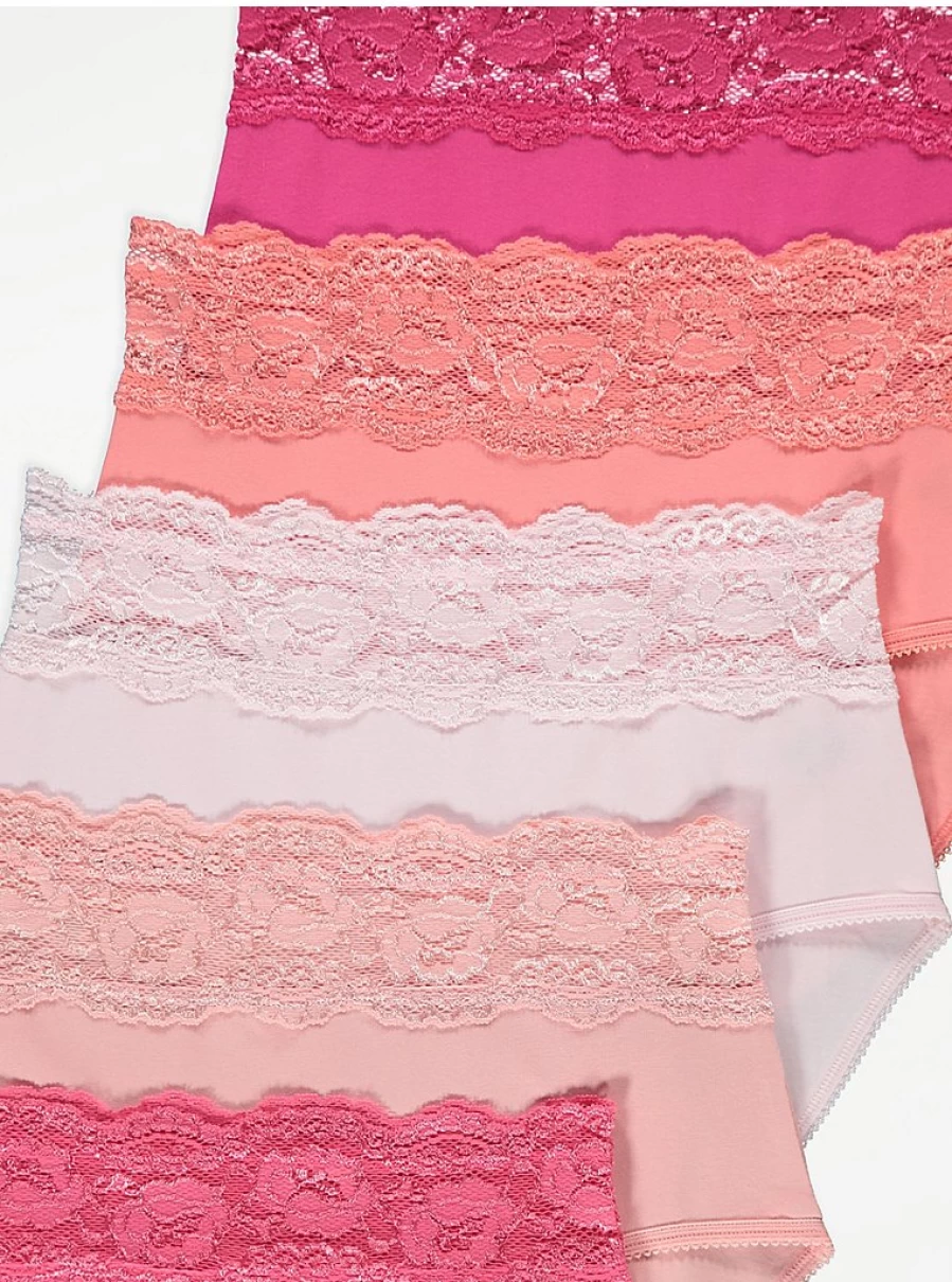 "George at Asda Women's Bright Pink Lace Top Full Briefs Panties 5-Pack | Comfortable Lingerie Set"