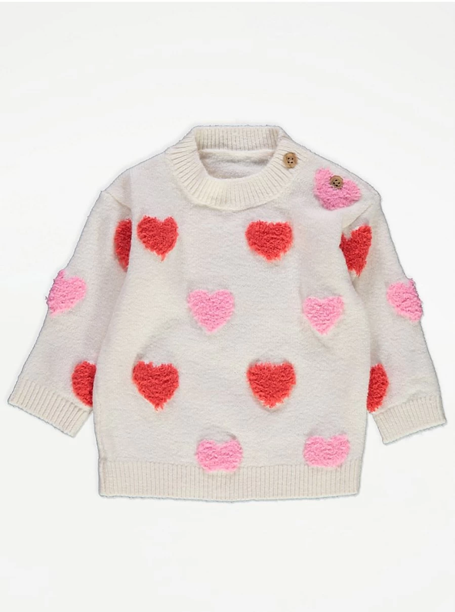 George at Asda Baby White Love Heart Fluffy Jumper - Soft & Cozy Knit Sweater for Infants