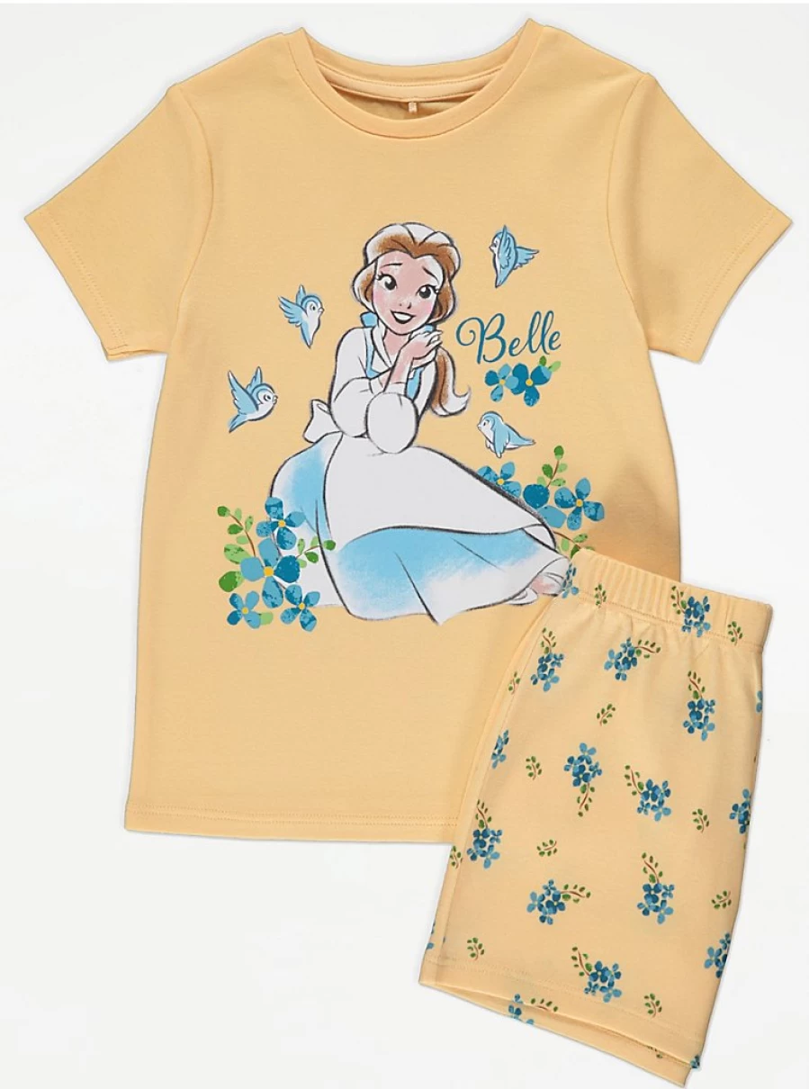 Disney Princess Belle Floral Yellow Short Pajamas for Kids | George at Asda Sleepwear