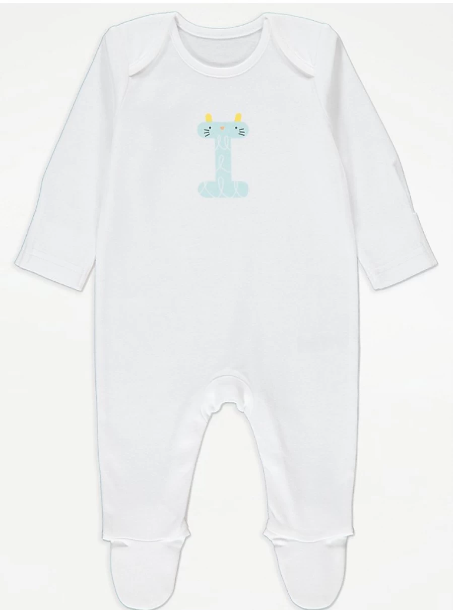 "George at Asda White Animal Letter I Baby Sleepsuit – Soft & Comfortable Sleepwear for Infants"