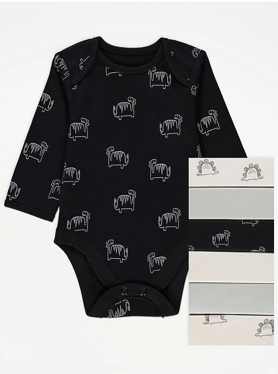 George at Asda Baby Dinosaur Long Sleeve Bodysuits - 7 Pack Set for Infants | Soft & Comfortable