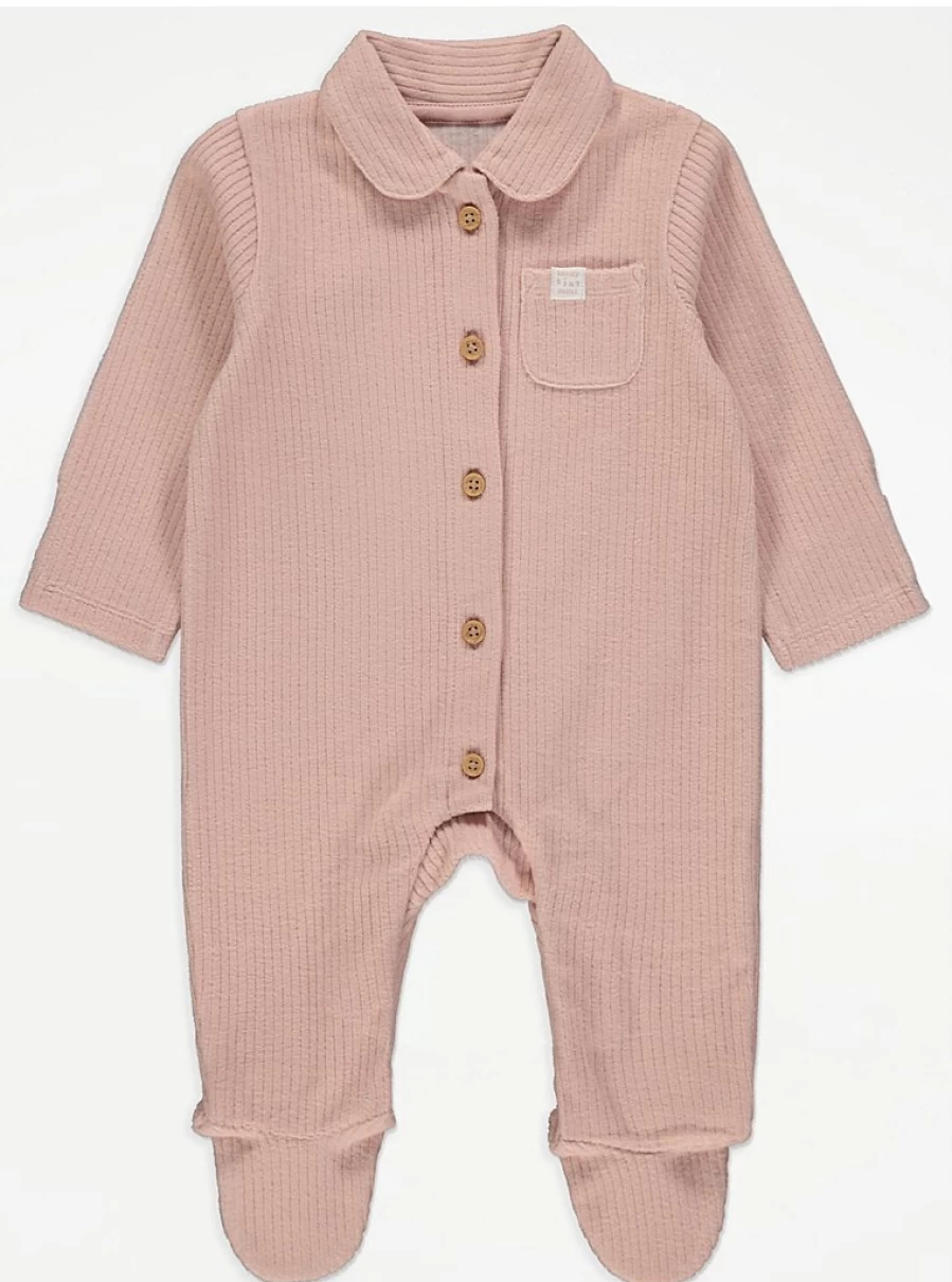 "George at Asda Baby Pink Ribbed Velour Sleepsuit with Collar – Soft & Cozy Infant Pajamas"